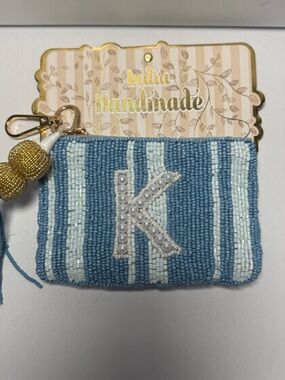 Beaded Coin Pouch Keychain Monogram K Blue White Pearl India Handmade NWT